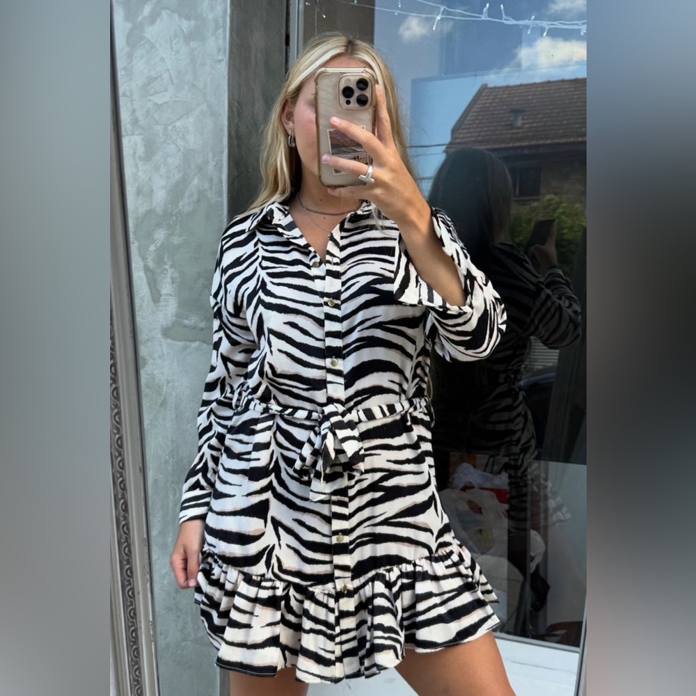 NWOT Zara Black and White Zebra Long Sleeve Dress Sz M